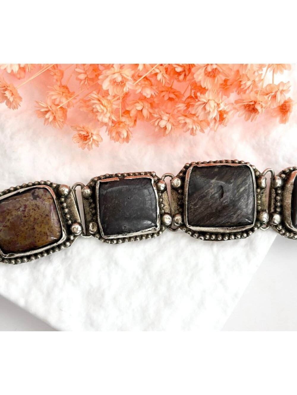 Multi Stone Southwest Style Vintage Paneled Beaded Hinged Silver Toned Bracelet